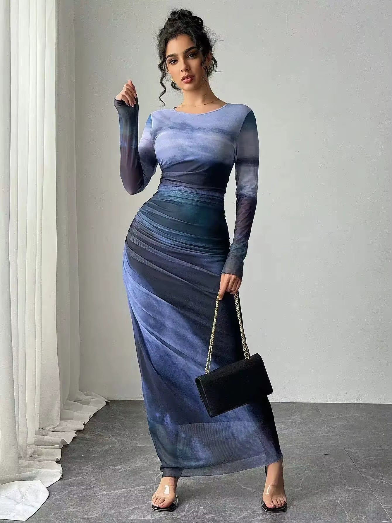 Fashionable round Neck Printed Mesh Gown Sexy Tight Fit Ankle Length Empire Waist Skirt Full Sleeve Polyester Fiber Dress