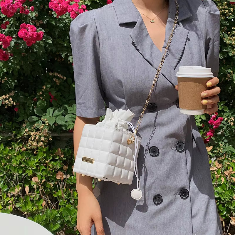 Texture Simple Checker Drawstring Crossbody Bag 2022 New Trendy Handbags Fashion Chain Messenger One-Shoulder Bags for Women