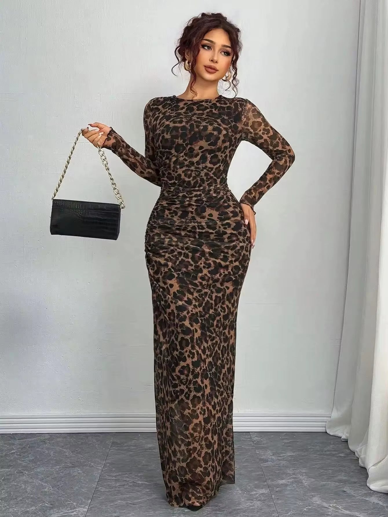 Fashionable round Neck Printed Mesh Gown Sexy Tight Fit Ankle Length Empire Waist Skirt Full Sleeve Polyester Fiber Dress