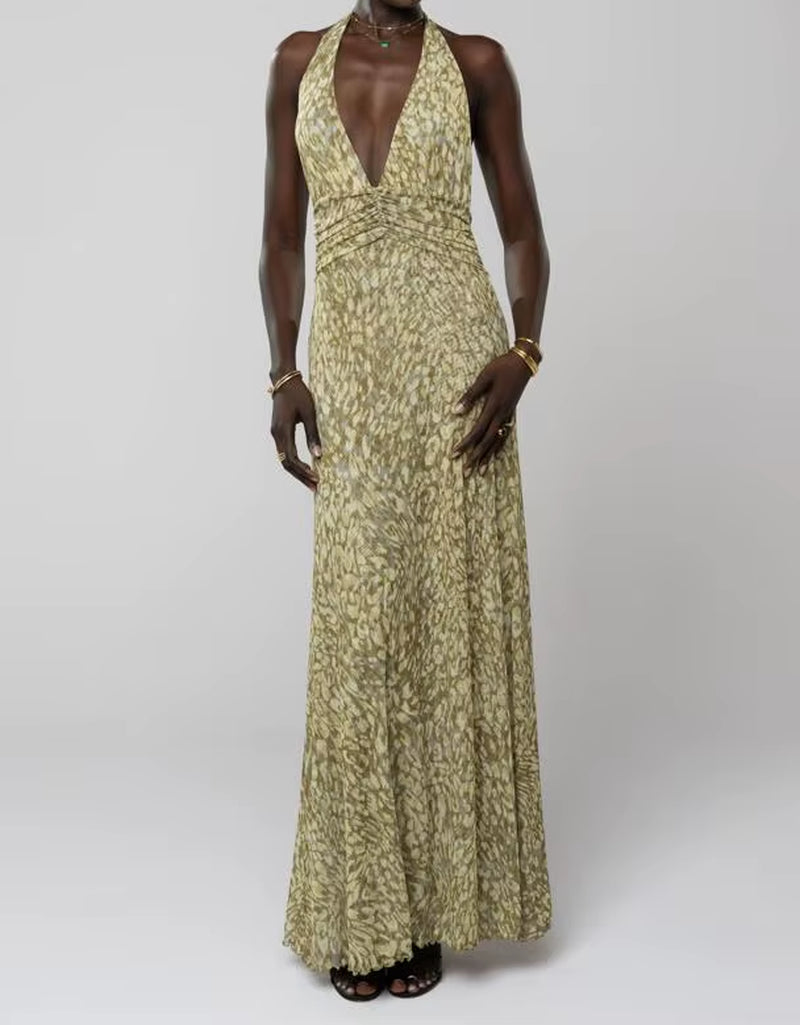 Women Long Dress, Sleeveless Halter Dress Backless Flower/Dots Print Summer Cocktail Dress