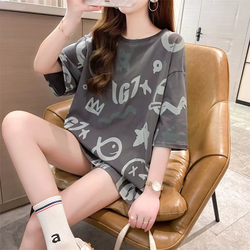 Harajuku T Shirt Women Letter Print Cotton Fashion Summer Loose Tees Korean Streetwear T-Shirt NS4768