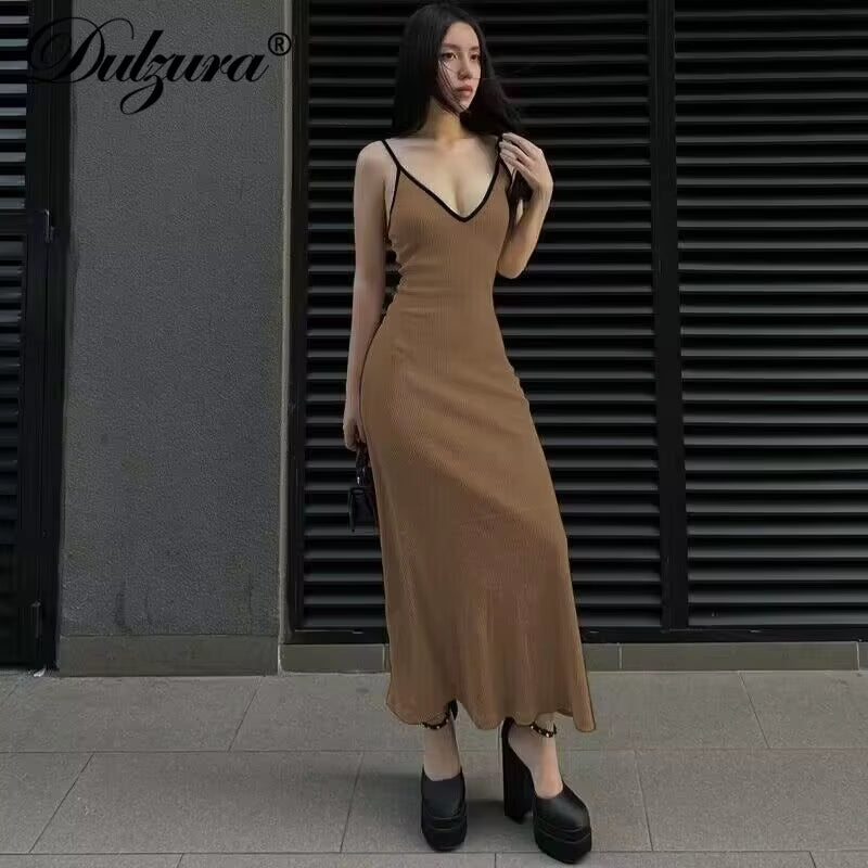 Ribbed Sleeveless Cami Maxi Dress Solid Sexy Elegant Long Dress Women’S Party Clubwear Autumn Winter Outfit