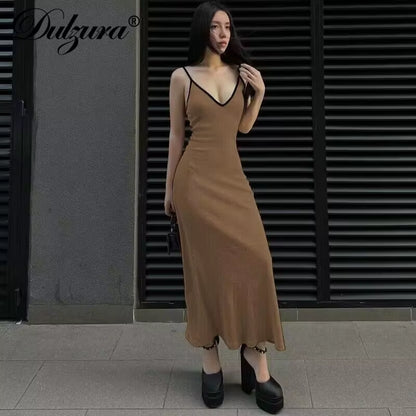 Ribbed Sleeveless Cami Maxi Dress Solid Sexy Elegant Long Dress Women’S Party Clubwear Autumn Winter Outfit