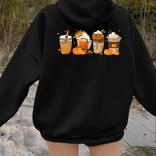 Halloween Hoodie Pumpkin Spice Latte Graphic Hooded Sweatshirt Cozy Long Sleeve Pullover Womens Autumn Winter Casual Streetwear