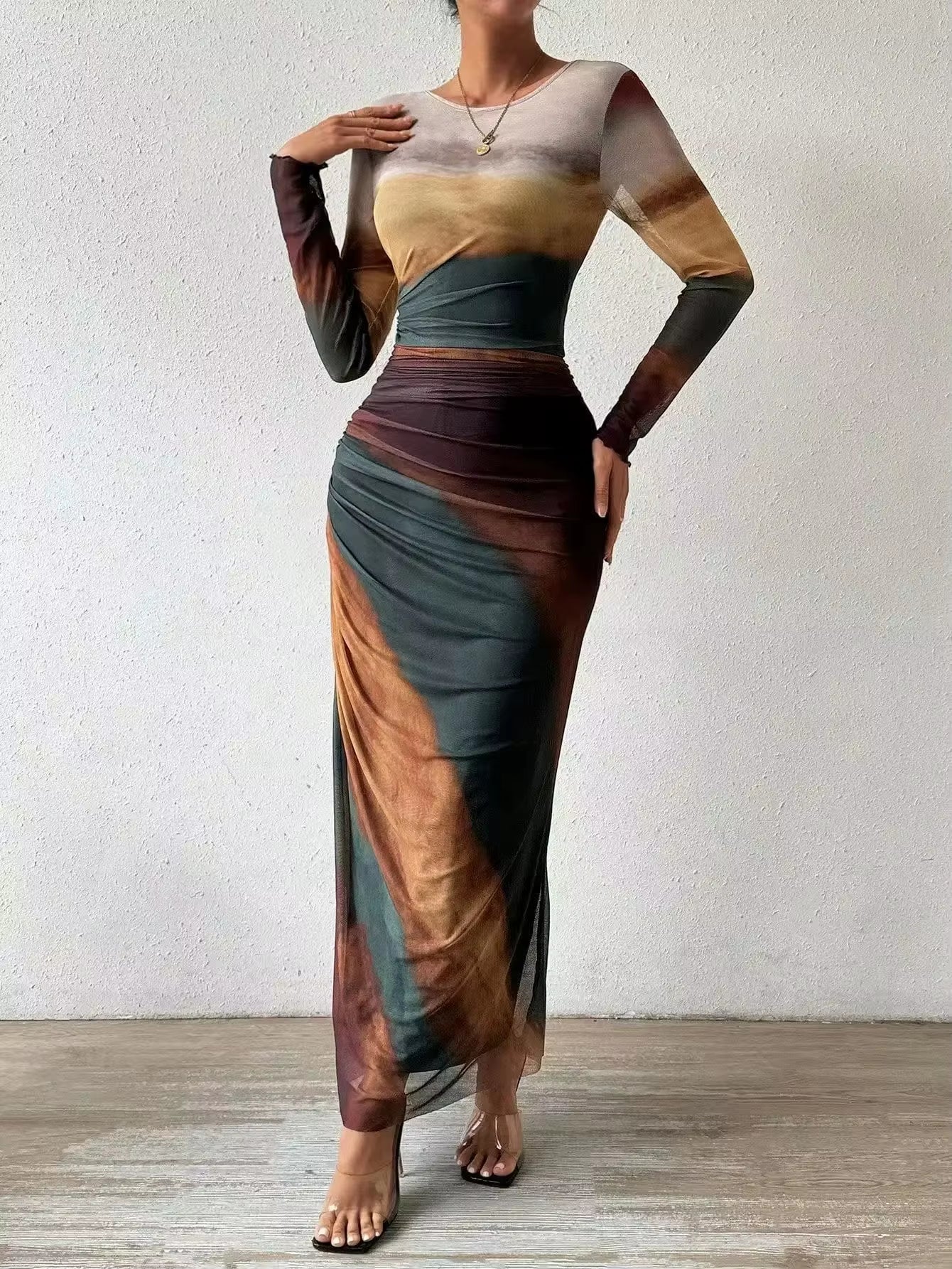Fashionable round Neck Printed Mesh Gown Sexy Tight Fit Ankle Length Empire Waist Skirt Full Sleeve Polyester Fiber Dress