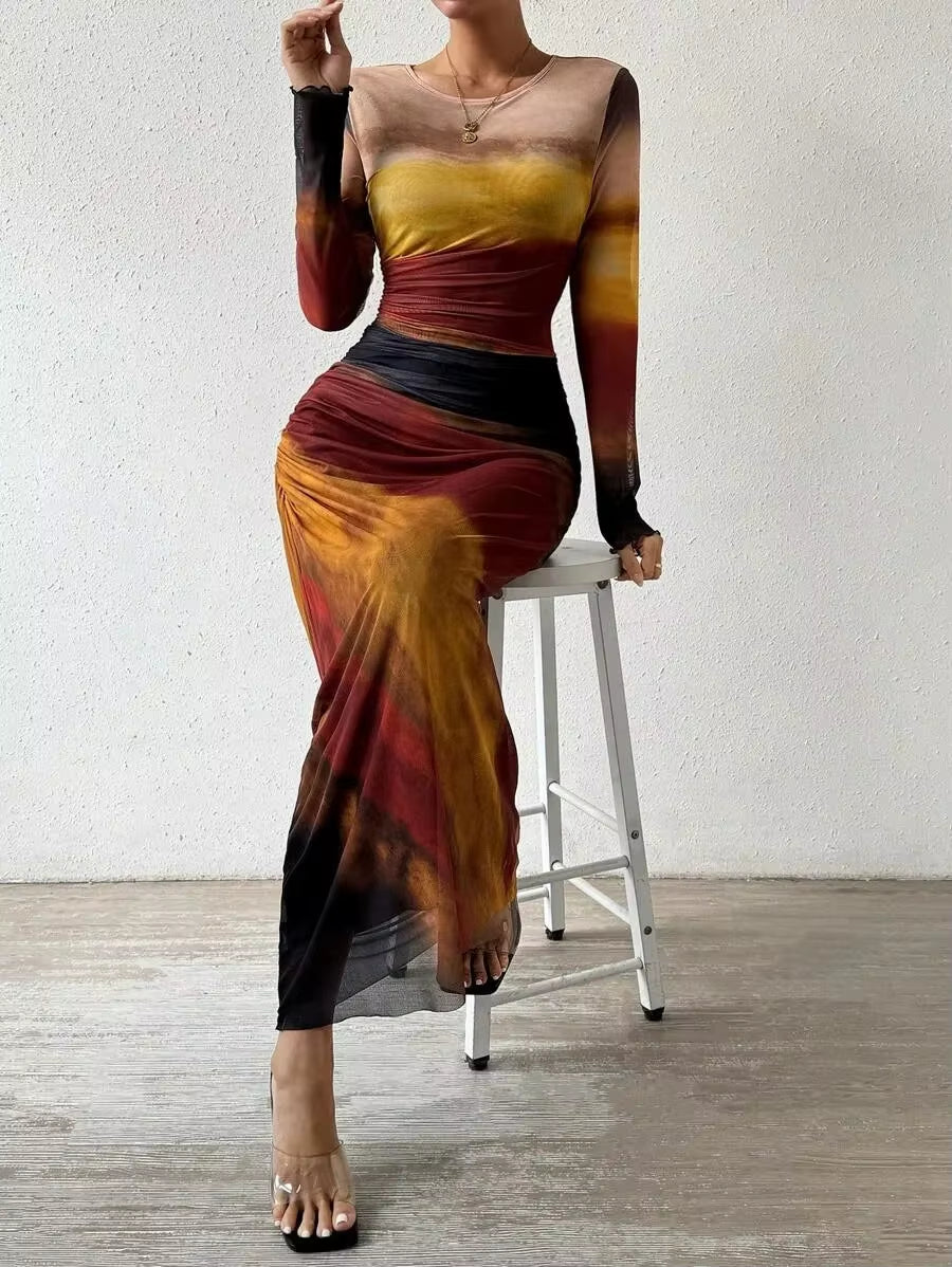 Fashionable round Neck Printed Mesh Gown Sexy Tight Fit Ankle Length Empire Waist Skirt Full Sleeve Polyester Fiber Dress