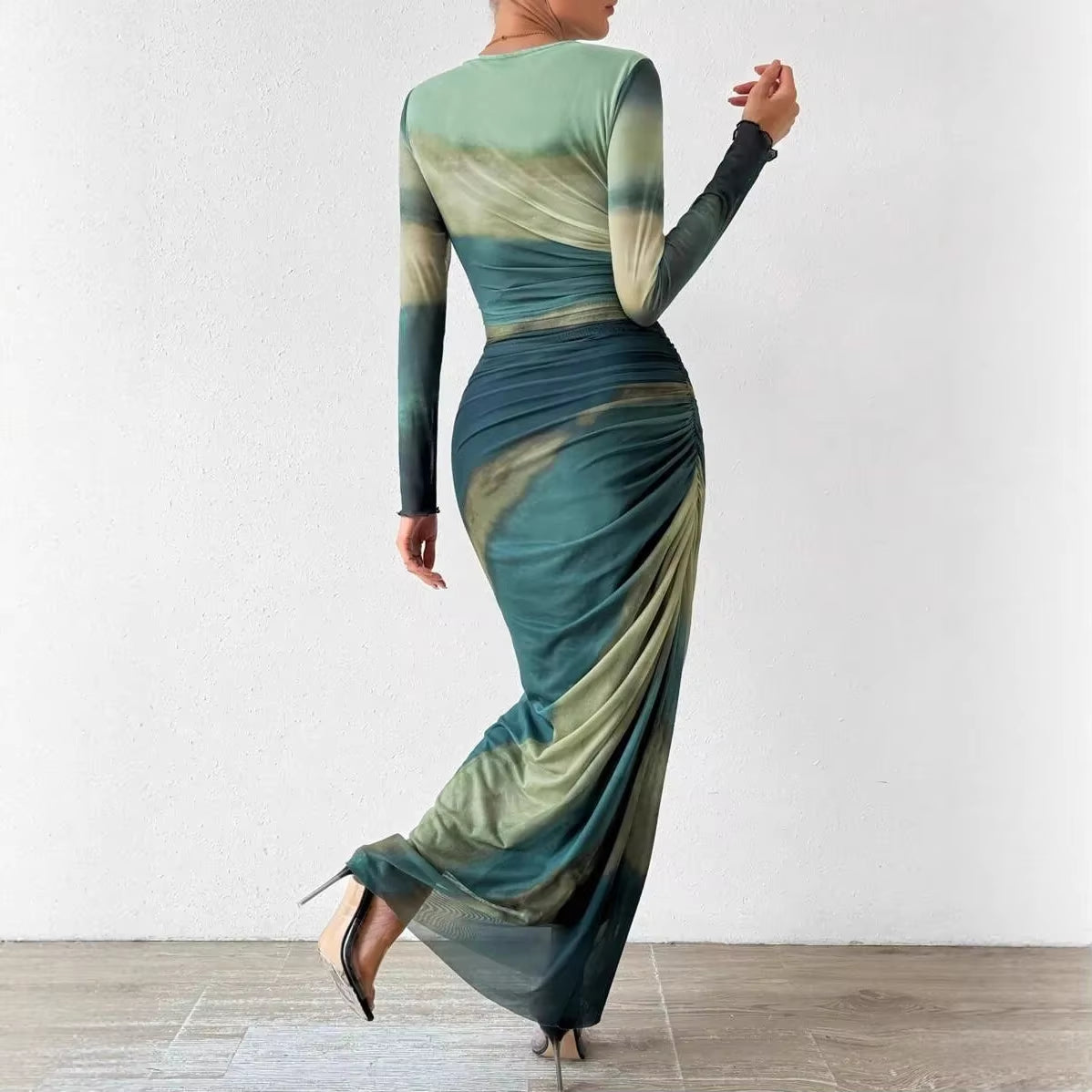 Fashionable round Neck Printed Mesh Gown Sexy Tight Fit Ankle Length Empire Waist Skirt Full Sleeve Polyester Fiber Dress