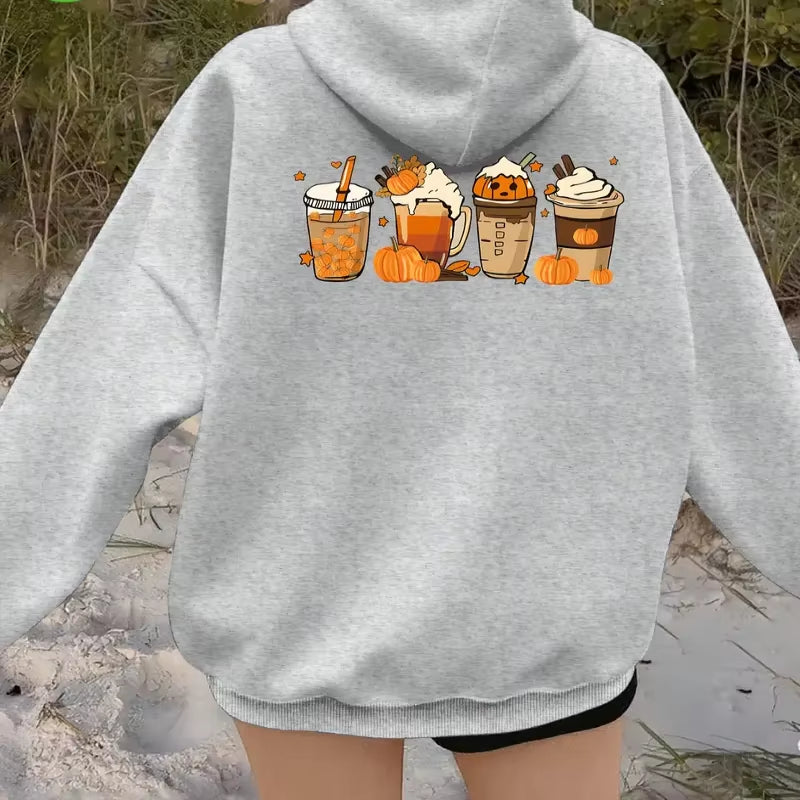 Halloween Hoodie Pumpkin Spice Latte Graphic Hooded Sweatshirt Cozy Long Sleeve Pullover Womens Autumn Winter Casual Streetwear
