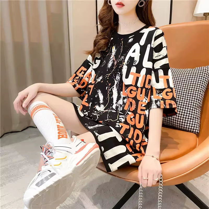 Harajuku T Shirt Women Letter Print Cotton Fashion Summer Loose Tees Korean Streetwear T-Shirt NS4768
