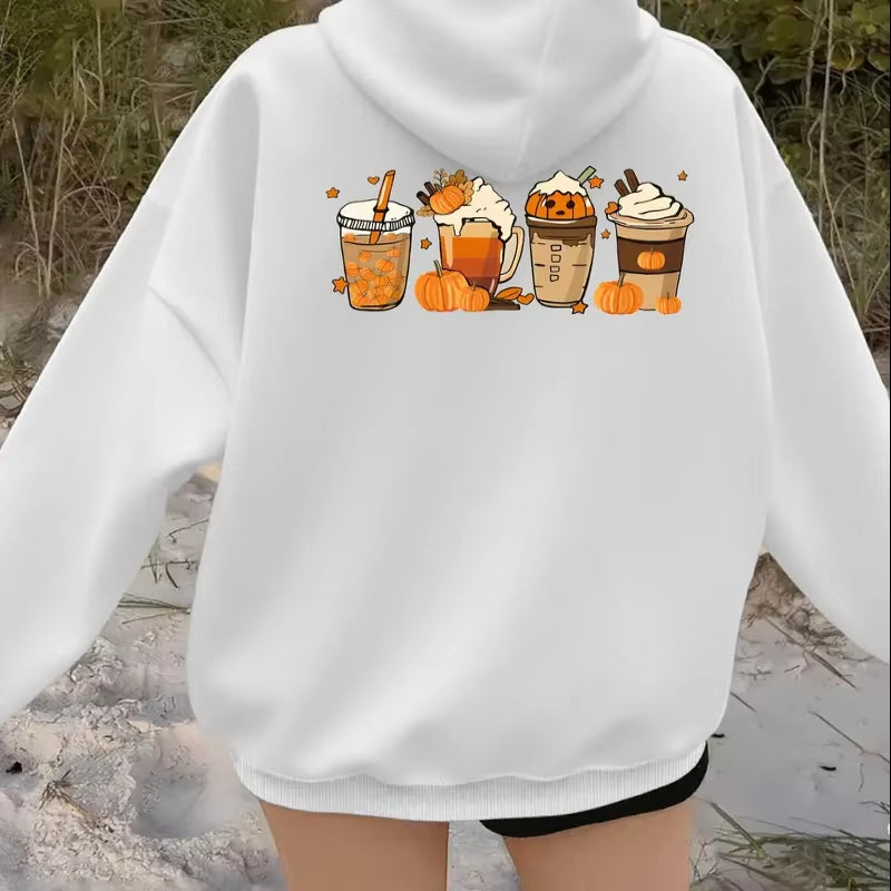Halloween Hoodie Pumpkin Spice Latte Graphic Hooded Sweatshirt Cozy Long Sleeve Pullover Womens Autumn Winter Casual Streetwear