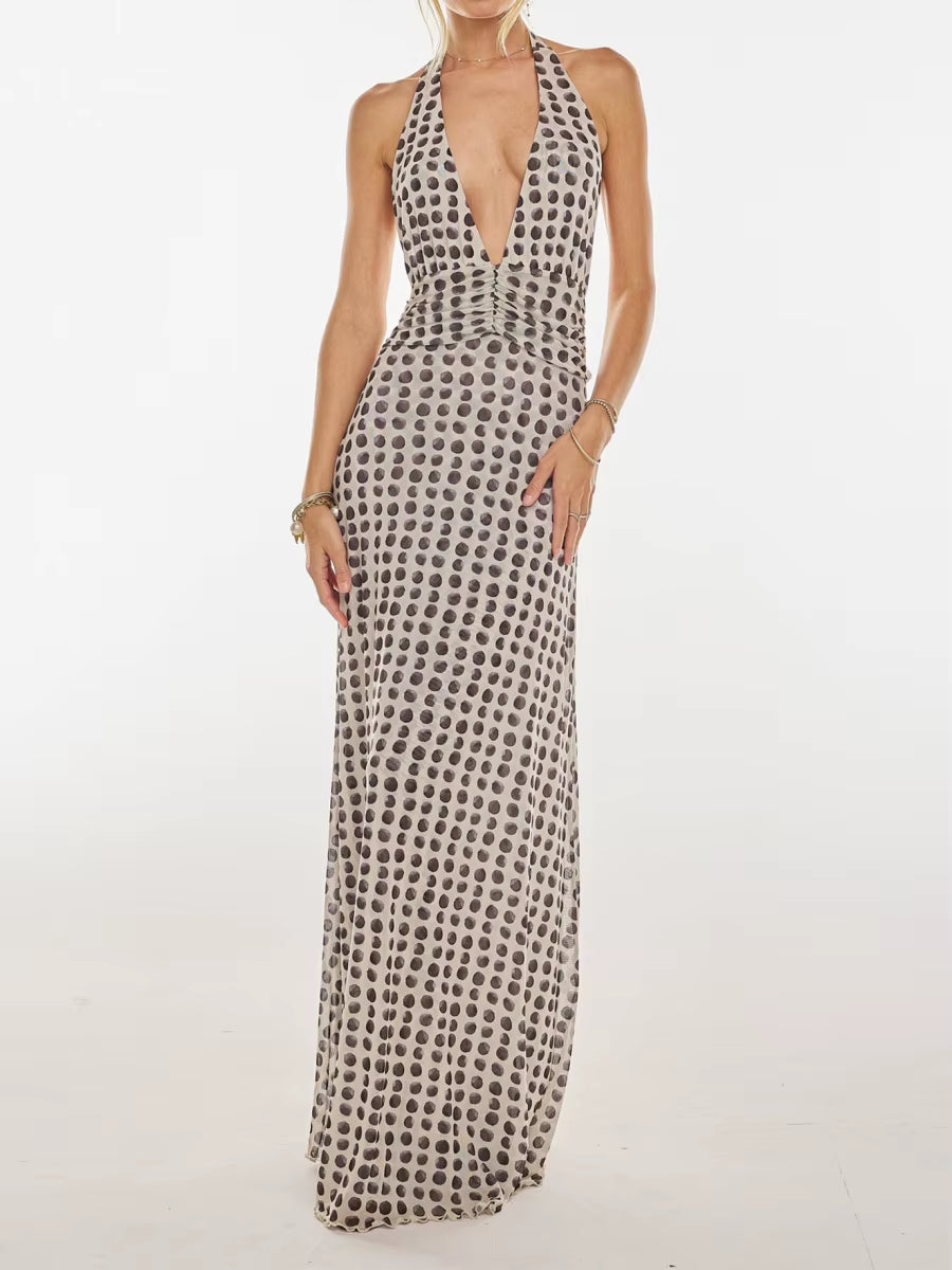 Women Long Dress, Sleeveless Halter Dress Backless Flower/Dots Print Summer Cocktail Dress