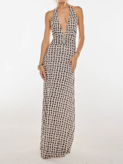 Women Long Dress, Sleeveless Halter Dress Backless Flower/Dots Print Summer Cocktail Dress