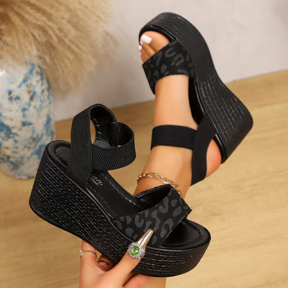 Women’S Wedge High Heel Peep Toe Sandals Leopard Platform Sandals Ladies Thick Sole Summer Shoes Espadrilles Zapatillas Mujer