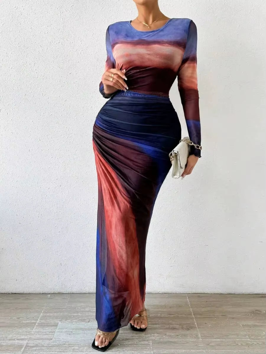 Fashionable round Neck Printed Mesh Gown Sexy Tight Fit Ankle Length Empire Waist Skirt Full Sleeve Polyester Fiber Dress