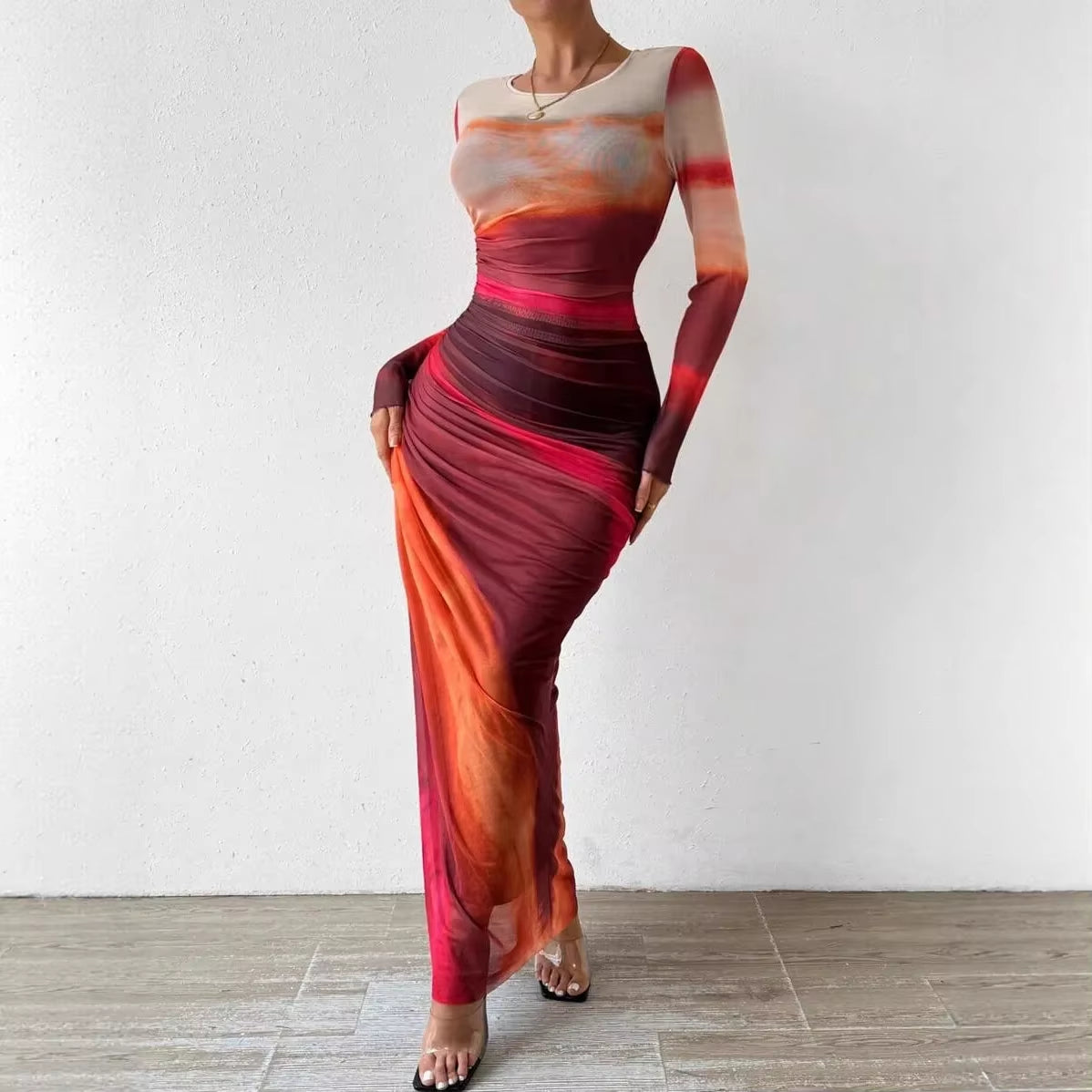 Fashionable round Neck Printed Mesh Gown Sexy Tight Fit Ankle Length Empire Waist Skirt Full Sleeve Polyester Fiber Dress