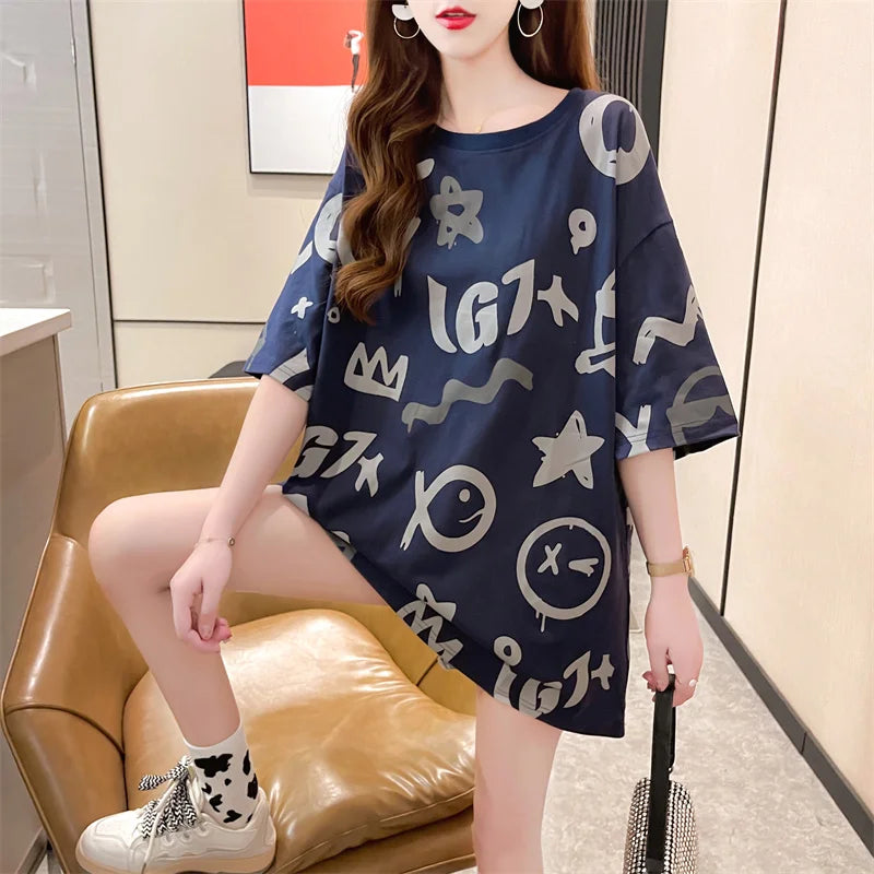 Harajuku T Shirt Women Letter Print Cotton Fashion Summer Loose Tees Korean Streetwear T-Shirt NS4768