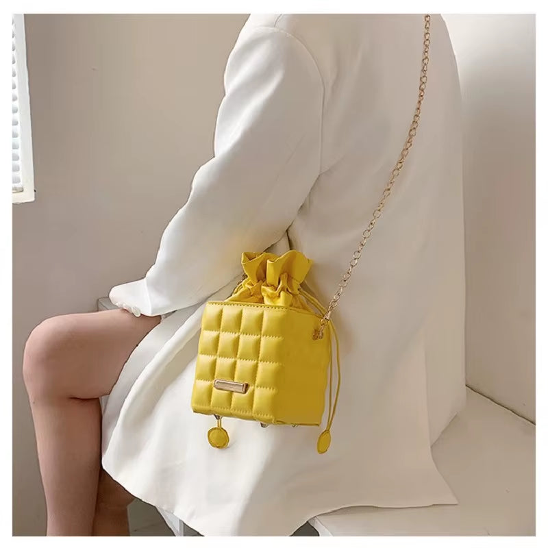Texture Simple Checker Drawstring Crossbody Bag 2022 New Trendy Handbags Fashion Chain Messenger One-Shoulder Bags for Women