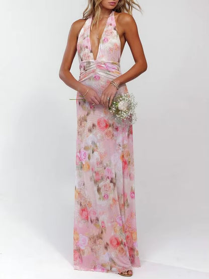 Women Long Dress, Sleeveless Halter Dress Backless Flower/Dots Print Summer Cocktail Dress