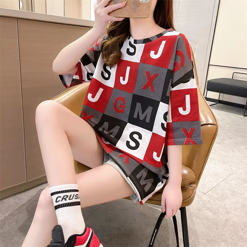 Harajuku T Shirt Women Letter Print Cotton Fashion Summer Loose Tees Korean Streetwear T-Shirt NS4768