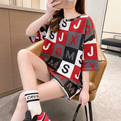 Harajuku T Shirt Women Letter Print Cotton Fashion Summer Loose Tees Korean Streetwear T-Shirt NS4768