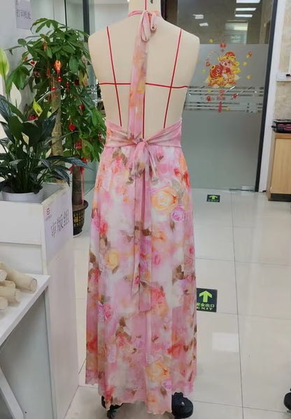 Women Long Dress, Sleeveless Halter Dress Backless Flower/Dots Print Summer Cocktail Dress