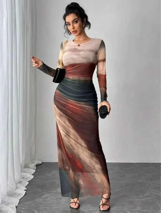 Fashionable round Neck Printed Mesh Gown Sexy Tight Fit Ankle Length Empire Waist Skirt Full Sleeve Polyester Fiber Dress