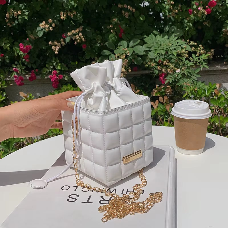 Texture Simple Checker Drawstring Crossbody Bag 2022 New Trendy Handbags Fashion Chain Messenger One-Shoulder Bags for Women