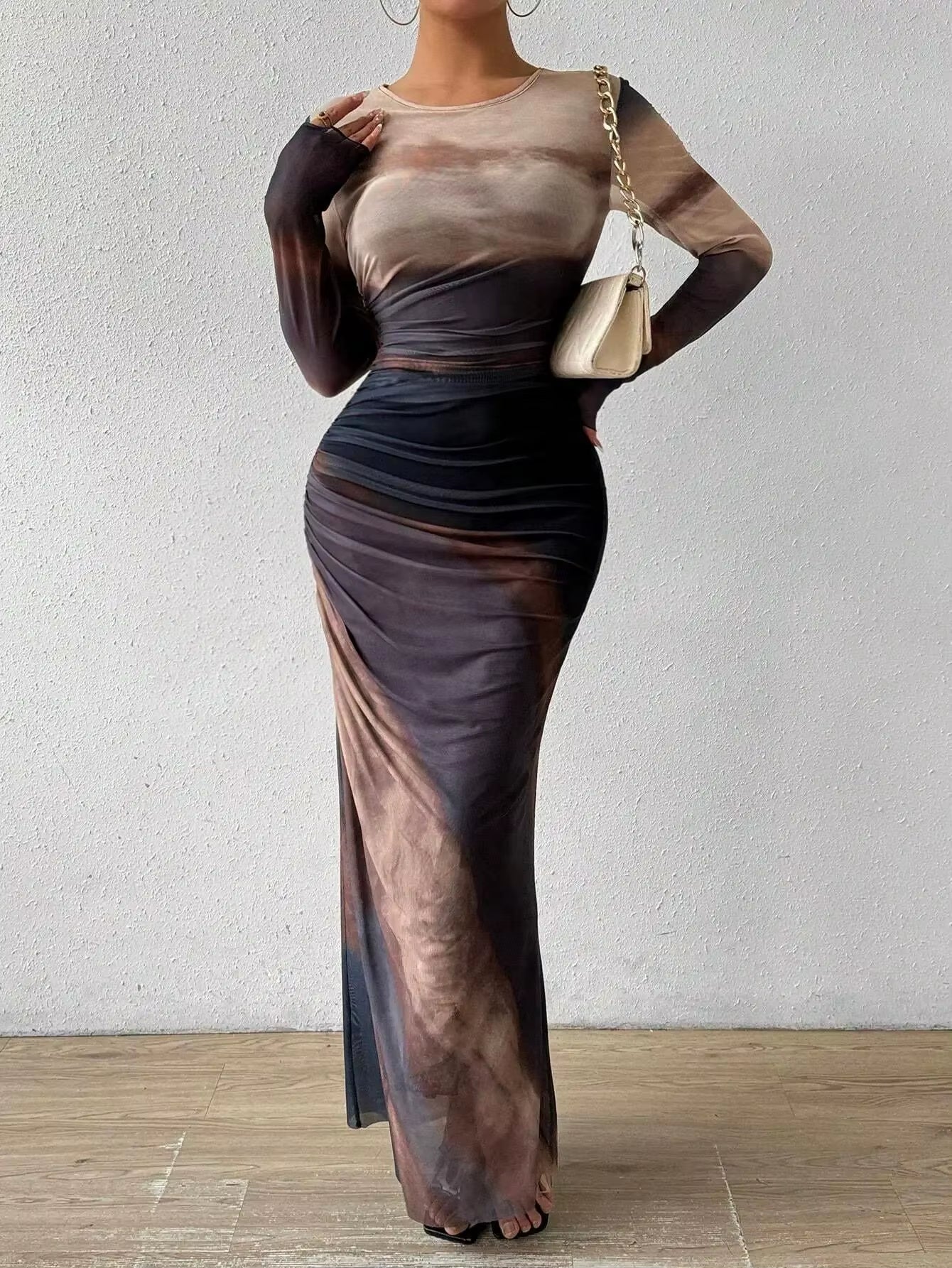 Fashionable round Neck Printed Mesh Gown Sexy Tight Fit Ankle Length Empire Waist Skirt Full Sleeve Polyester Fiber Dress