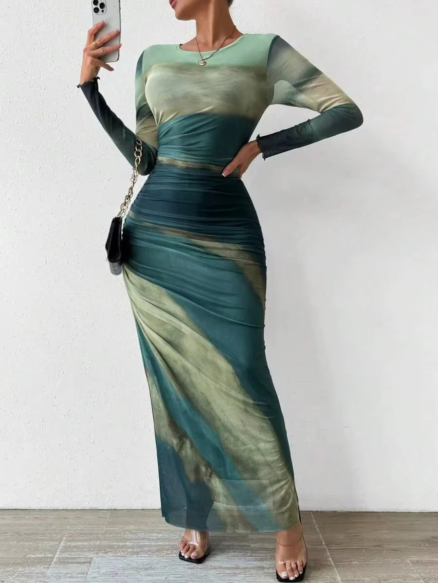 Fashionable round Neck Printed Mesh Gown Sexy Tight Fit Ankle Length Empire Waist Skirt Full Sleeve Polyester Fiber Dress