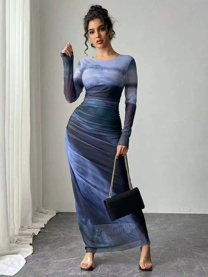 Fashionable round Neck Printed Mesh Gown Sexy Tight Fit Ankle Length Empire Waist Skirt Full Sleeve Polyester Fiber Dress