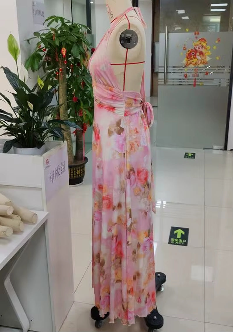 Women Long Dress, Sleeveless Halter Dress Backless Flower/Dots Print Summer Cocktail Dress