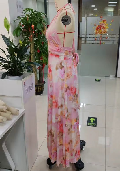 Women Long Dress, Sleeveless Halter Dress Backless Flower/Dots Print Summer Cocktail Dress