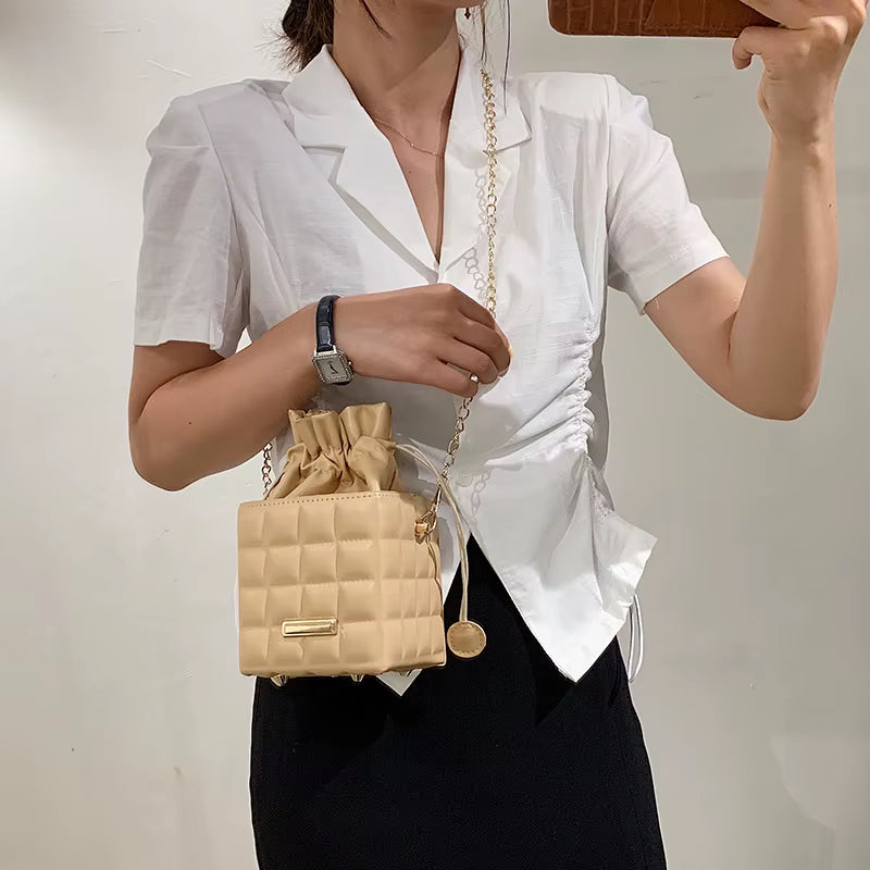 Texture Simple Checker Drawstring Crossbody Bag 2022 New Trendy Handbags Fashion Chain Messenger One-Shoulder Bags for Women