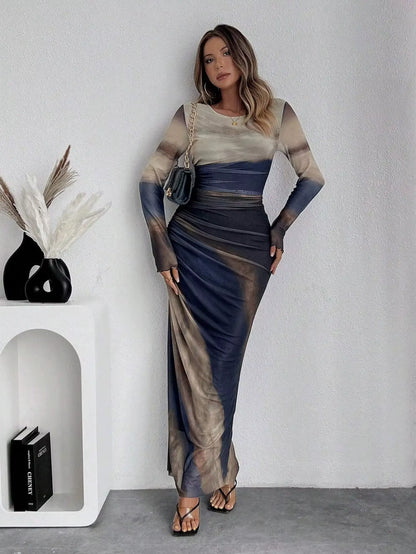 Fashionable round Neck Printed Mesh Gown Sexy Tight Fit Ankle Length Empire Waist Skirt Full Sleeve Polyester Fiber Dress