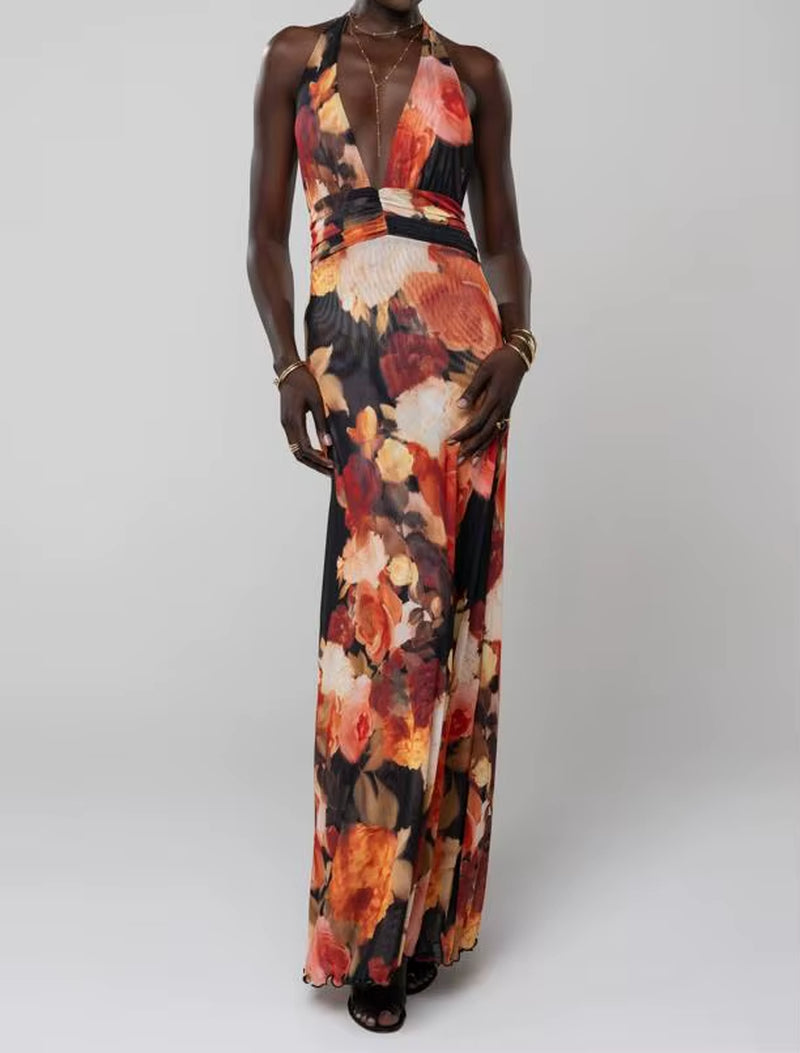 Women Long Dress, Sleeveless Halter Dress Backless Flower/Dots Print Summer Cocktail Dress