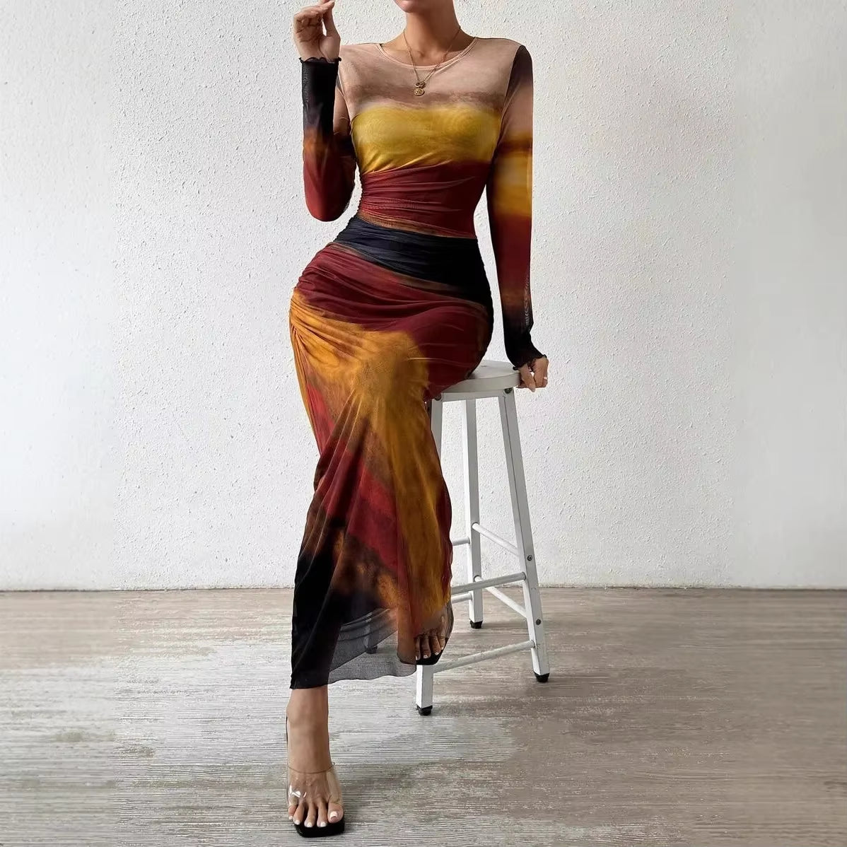 Fashionable round Neck Printed Mesh Gown Sexy Tight Fit Ankle Length Empire Waist Skirt Full Sleeve Polyester Fiber Dress