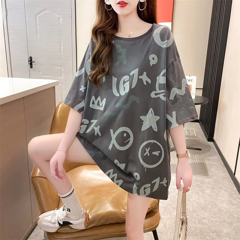 Harajuku T Shirt Women Letter Print Cotton Fashion Summer Loose Tees Korean Streetwear T-Shirt NS4768
