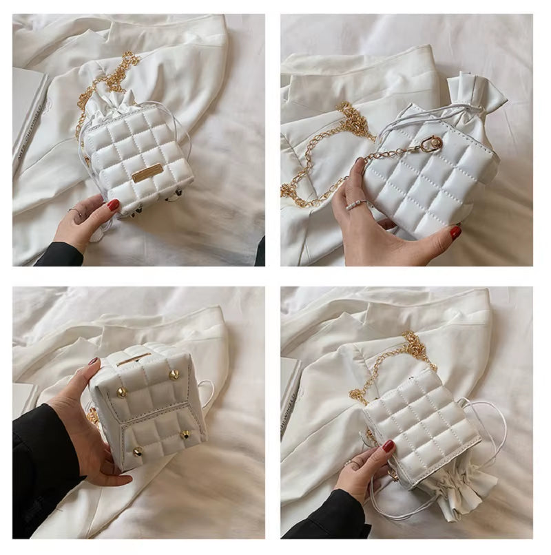 Texture Simple Checker Drawstring Crossbody Bag 2022 New Trendy Handbags Fashion Chain Messenger One-Shoulder Bags for Women