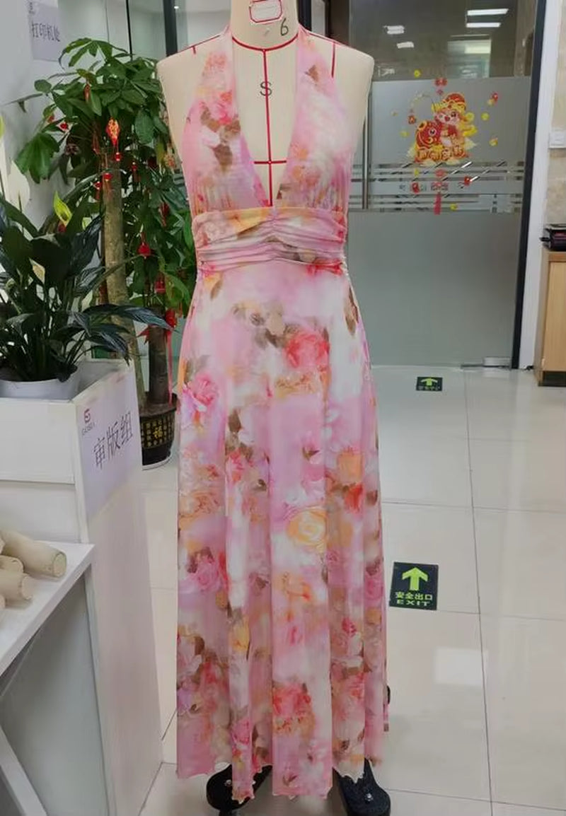 Women Long Dress, Sleeveless Halter Dress Backless Flower/Dots Print Summer Cocktail Dress