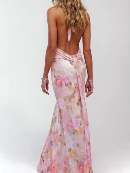 Women Long Dress, Sleeveless Halter Dress Backless Flower/Dots Print Summer Cocktail Dress