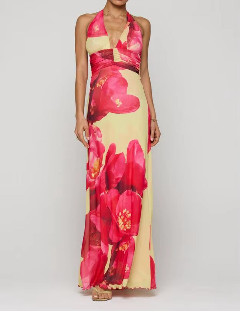 Women Long Dress, Sleeveless Halter Dress Backless Flower/Dots Print Summer Cocktail Dress
