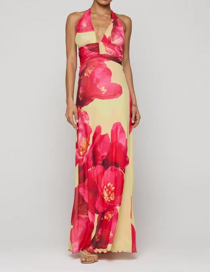 Women Long Dress, Sleeveless Halter Dress Backless Flower/Dots Print Summer Cocktail Dress