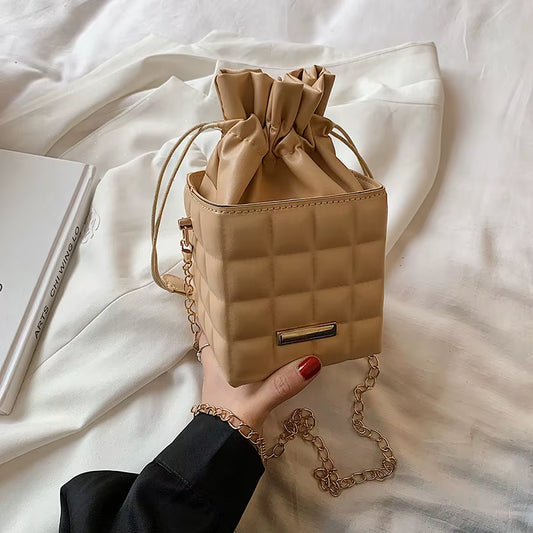 Texture Simple Checker Drawstring Crossbody Bag 2022 New Trendy Handbags Fashion Chain Messenger One-Shoulder Bags for Women