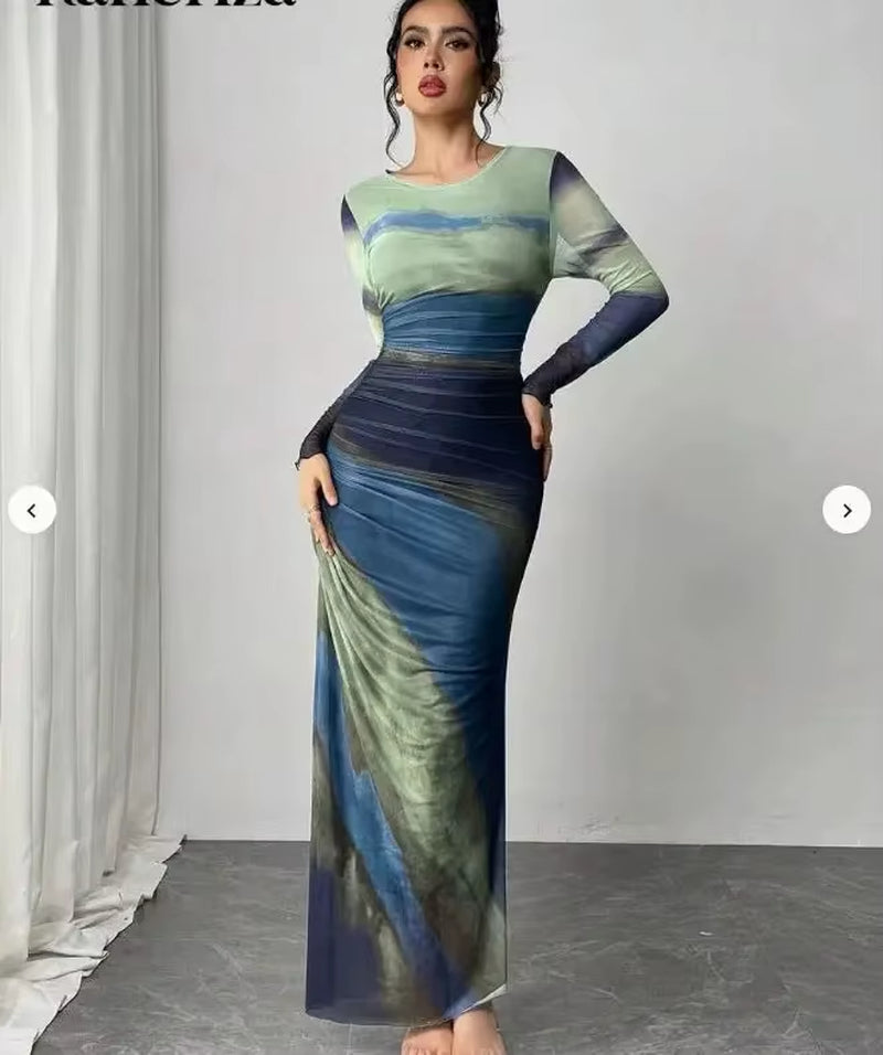 Fashionable round Neck Printed Mesh Gown Sexy Tight Fit Ankle Length Empire Waist Skirt Full Sleeve Polyester Fiber Dress