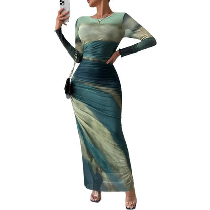 Fashionable round Neck Printed Mesh Gown Sexy Tight Fit Ankle Length Empire Waist Skirt Full Sleeve Polyester Fiber Dress