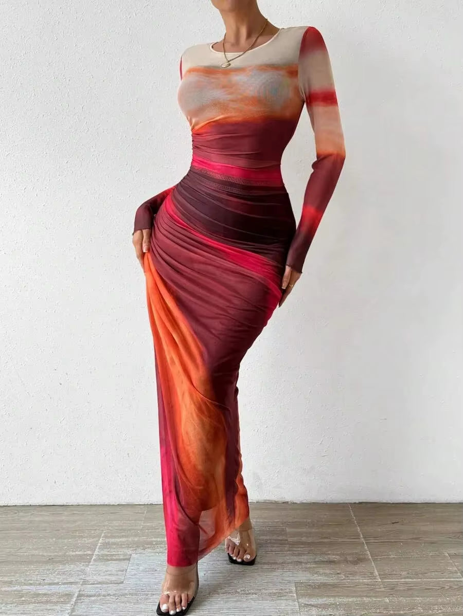 Fashionable round Neck Printed Mesh Gown Sexy Tight Fit Ankle Length Empire Waist Skirt Full Sleeve Polyester Fiber Dress