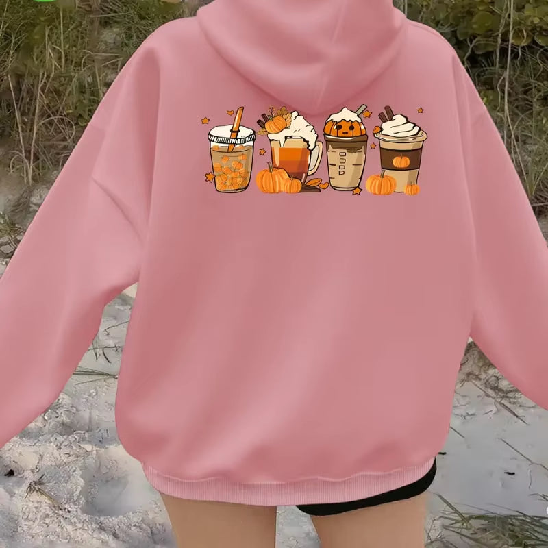 Halloween Hoodie Pumpkin Spice Latte Graphic Hooded Sweatshirt Cozy Long Sleeve Pullover Womens Autumn Winter Casual Streetwear