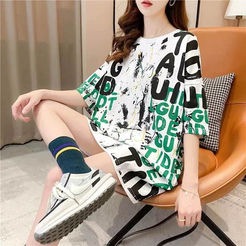Harajuku T Shirt Women Letter Print Cotton Fashion Summer Loose Tees Korean Streetwear T-Shirt NS4768