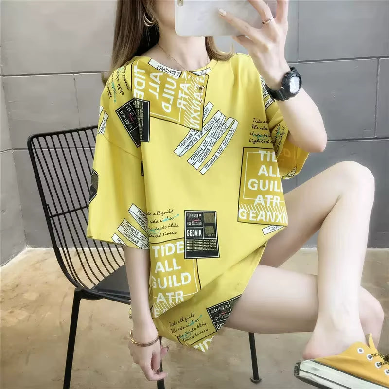 Harajuku T Shirt Women Letter Print Cotton Fashion Summer Loose Tees Korean Streetwear T-Shirt NS4768