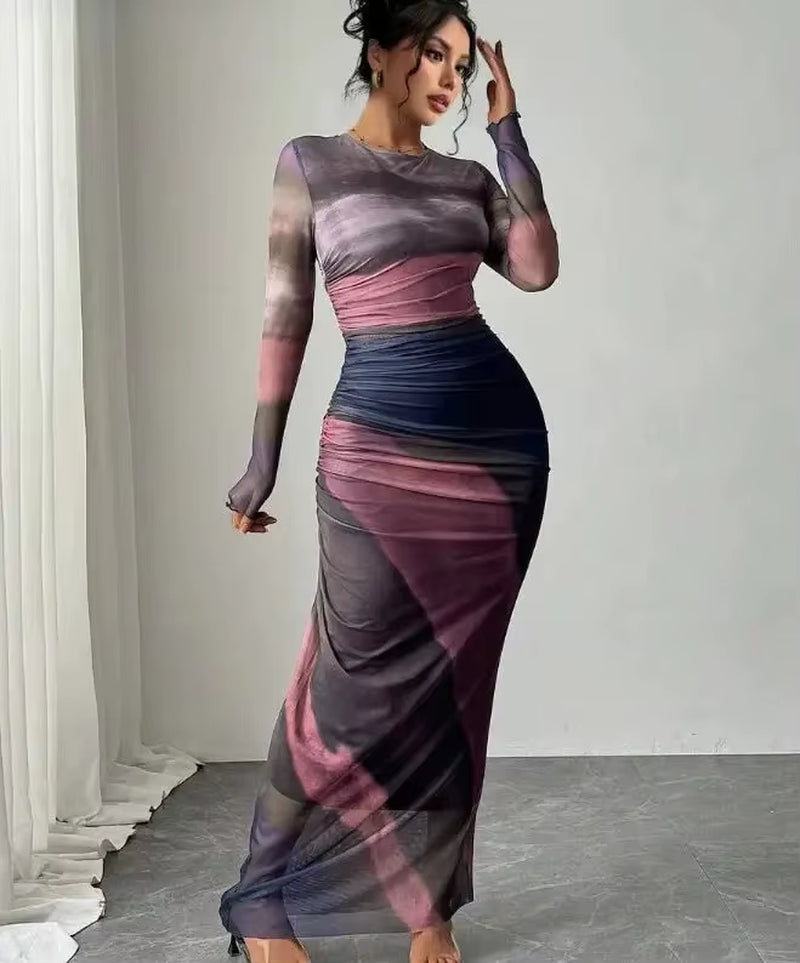 Fashionable round Neck Printed Mesh Gown Sexy Tight Fit Ankle Length Empire Waist Skirt Full Sleeve Polyester Fiber Dress